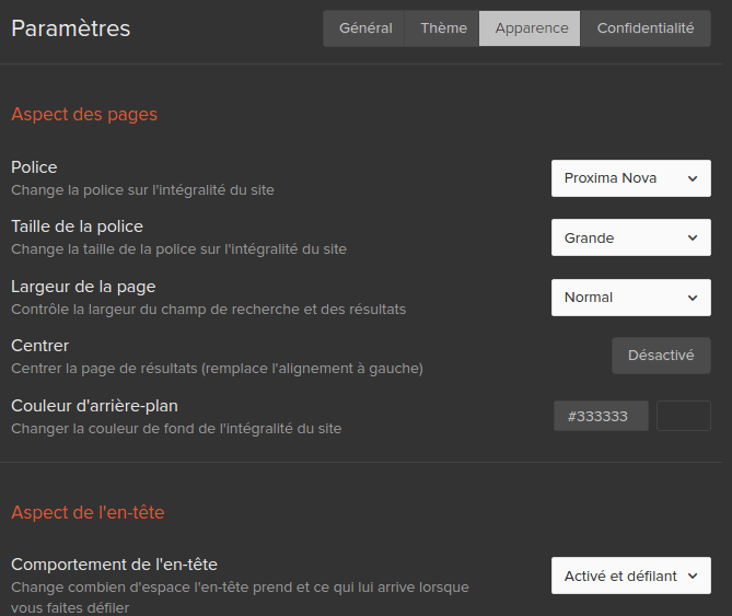 Personnalisation du thème et du design sur DuckDuckGo