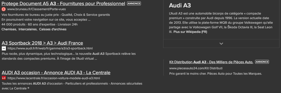 Recheche audi A3 sur DuckDuckGo