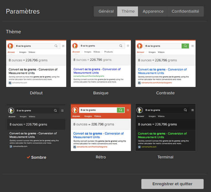 Les thèmes disponibles pour duckduckgo